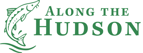 Logo for 'Along the Hudson' with a green sturgeon illustration.
