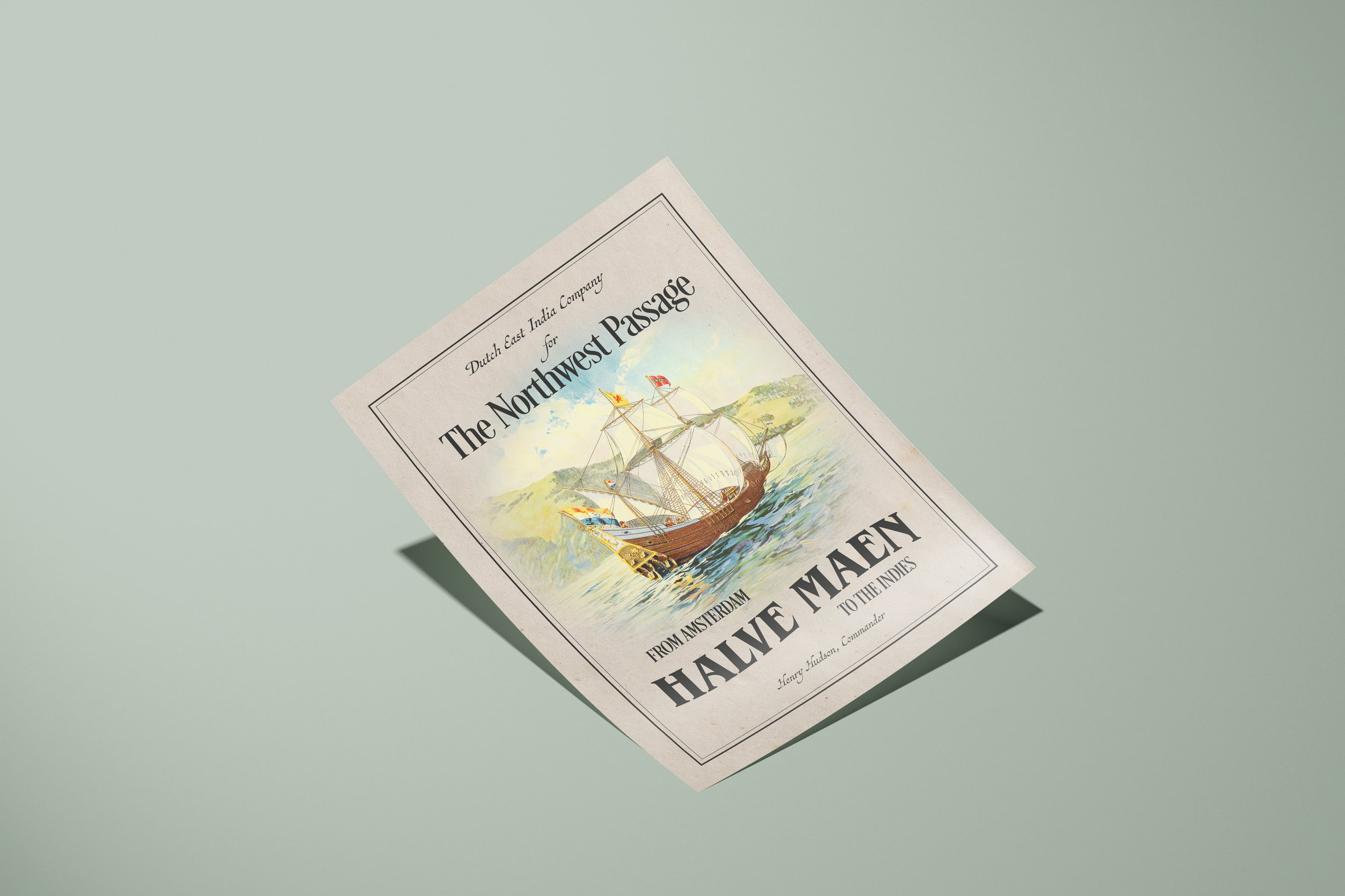 Retro-style travel print showing the Halve Maen sailing on open water.